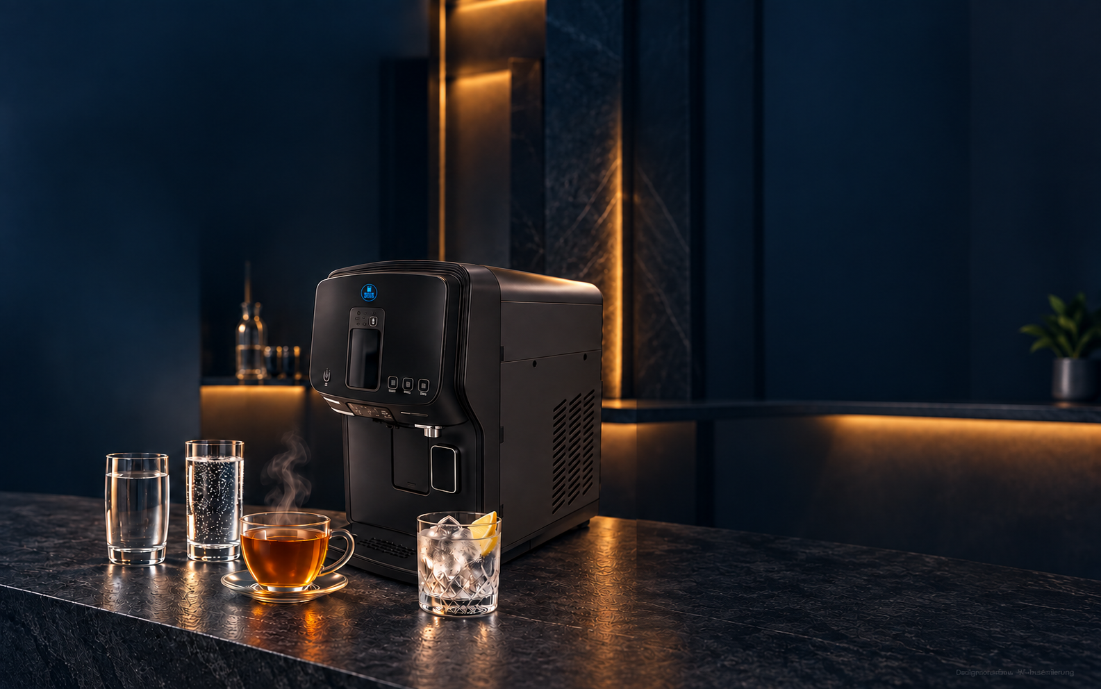 KI-Inszenierung der Black Edition mit stillem Wasser, Sprudel, dampfendem Tee und Eiswürfeln auf dunklem Naturstein