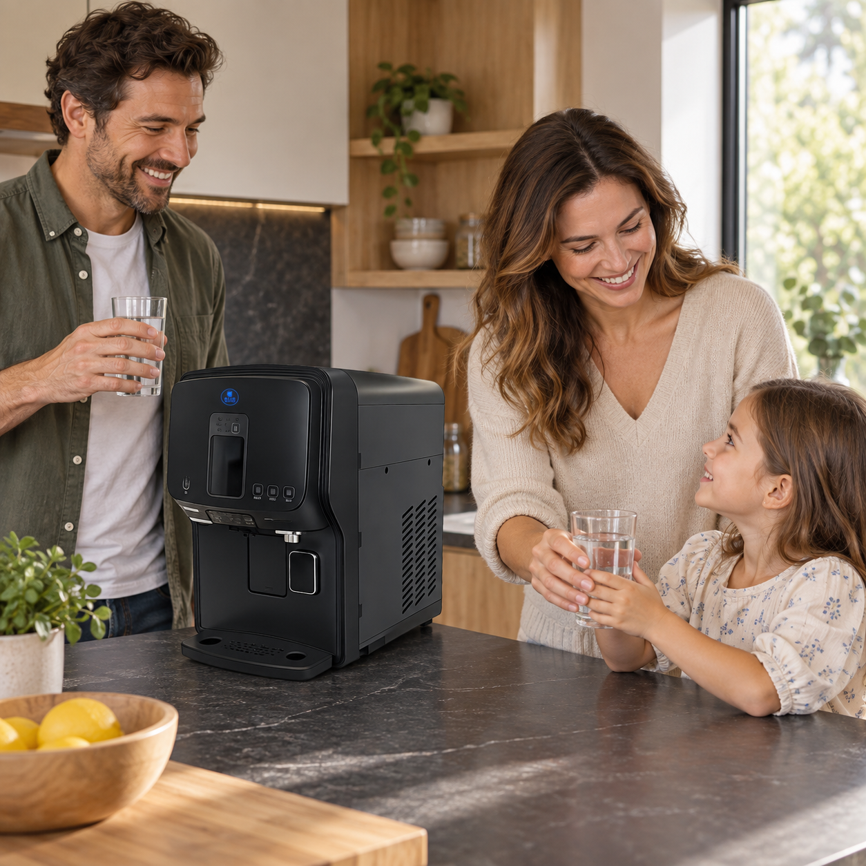 KI-Szenenidee: Eltern und Kind mit Wassergläsern, die Black Edition steht auf der Küchenarbeitsfläche