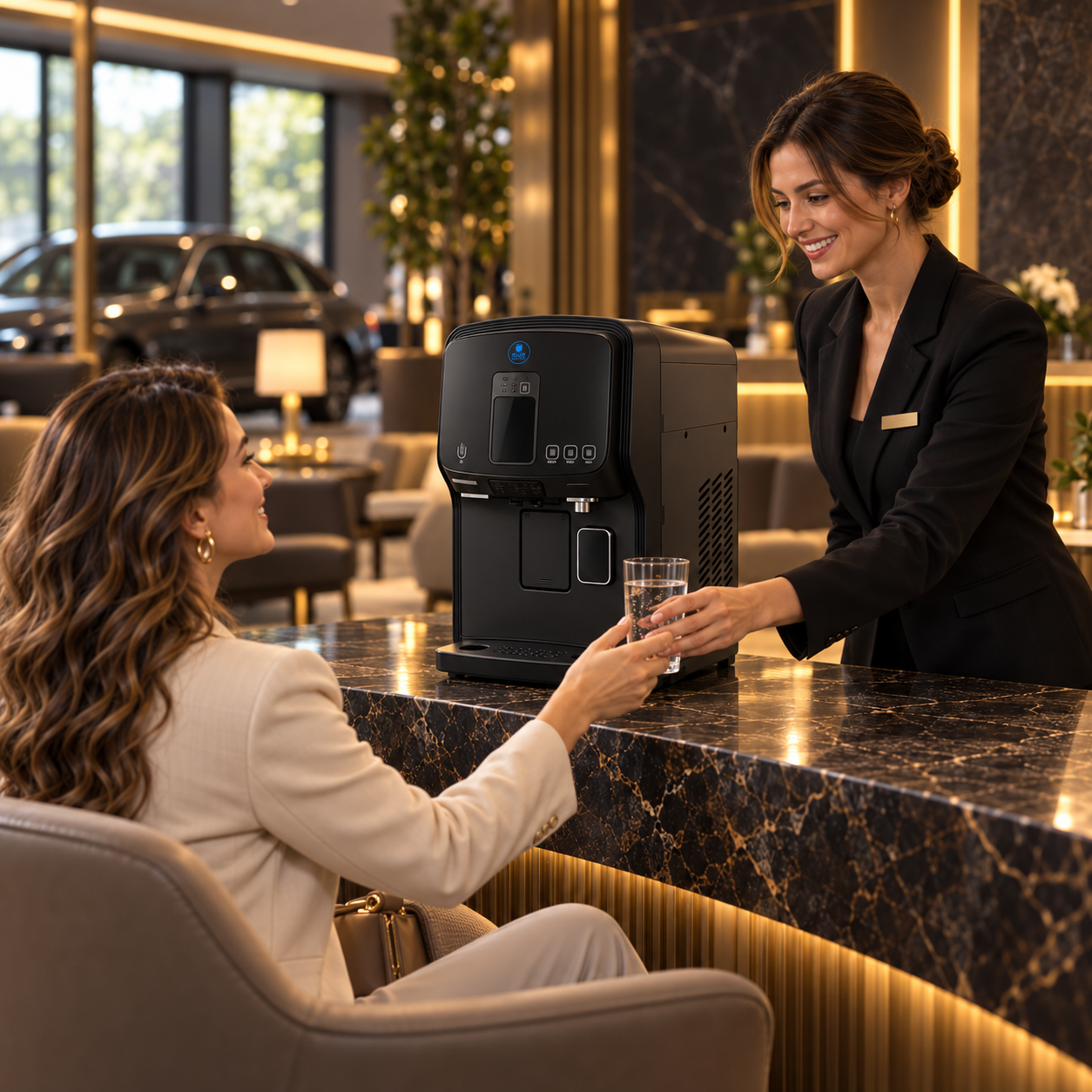 KI-Szenenidee: Persönlicher Wasserservice an der Black Edition in einer luxuriösen Autohaus-Lounge mit Marmor und warmen Lichtern